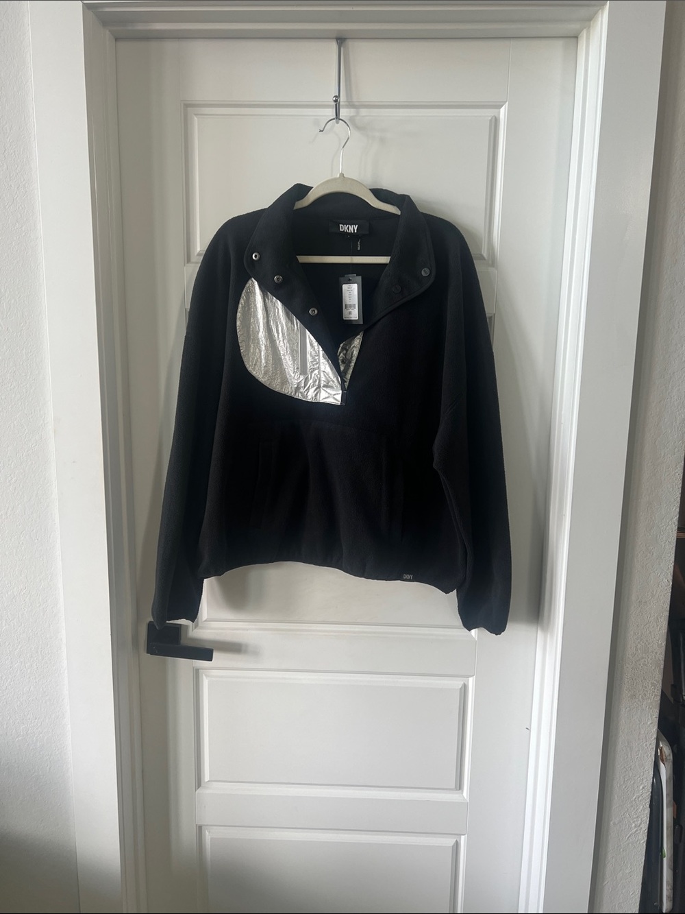 DKNY Black Reversible Pullover Fleece Jacket with Silver Accent
